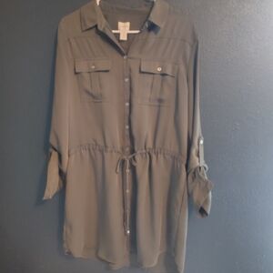 Chico's Forest Green Button-Down Shirt/Tunic/Dress